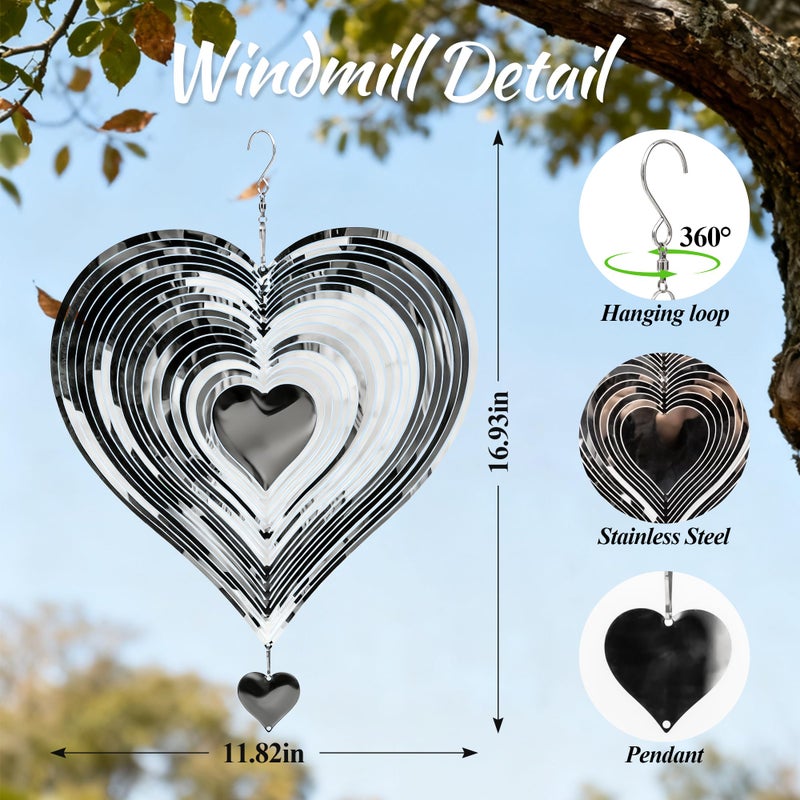 SUNCKET Stainless Steel Wind Spinner Garden Decor, Valentine's Day Gifts for Women, Gifts for Grandma and Mom, 3D Heart 12-Inch Hanging Yard Spinner for Outdoor & Indoor Metal Decoration, 1 Pack - Image 3