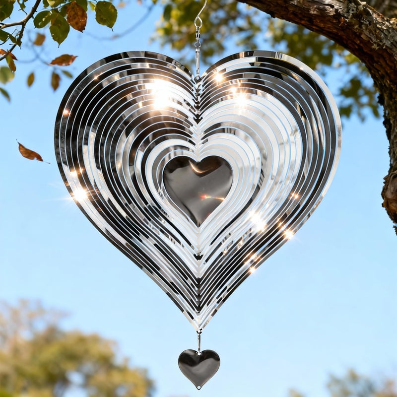 SUNCKET Stainless Steel Wind Spinner Garden Decor, Valentine's Day Gifts for Women, Gifts for Grandma and Mom, 3D Heart 12-Inch Hanging Yard Spinner for Outdoor & Indoor Metal Decoration, 1 Pack - Image 1