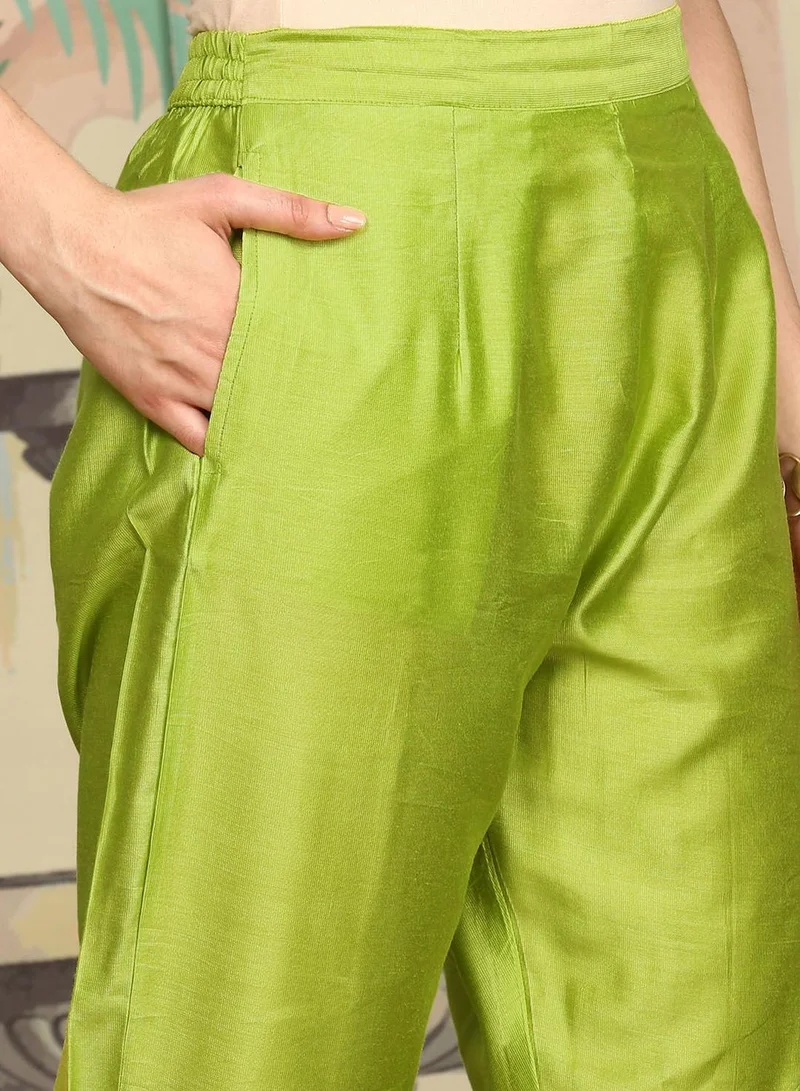 ISHIN Women's Lime Green Polyester Blend Embellished Tunic Full Length Casual Straight Fit Kurta Set