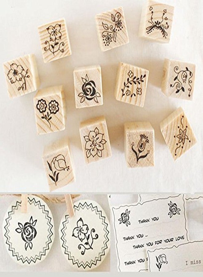 Shopline 12 Pieces Vintage Stamps, Wooden Rubber Stamps with Flower Lace for Letters Diary Craft Scrapbooking