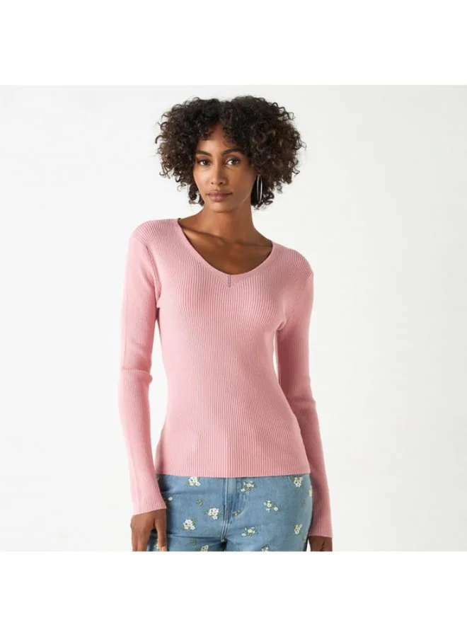 2Xtremz 2Xtremz Ribbed V-Neck Sweater with Long Sleeves