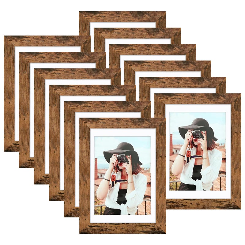 Picrit 5x7 Picture Frame Set of 12 Display 4x6 with Mat or 5x7 Without Mat Photo Frames for Wall Mounting or Table Top Display Brown