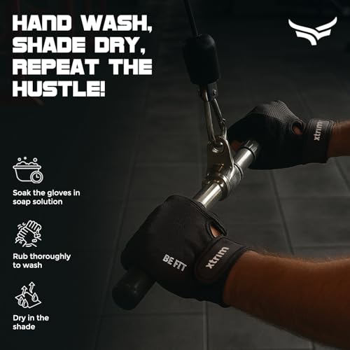 XTRIM Men Gym Gloves, Black - Non Slip Grip Training Gloves with Padded Palm & Wrist Support - Nylon Cotton Blend Hand Gloves for Gym Workout, Weightlifting, Dumbbells & Home Fitness Equipment, Medium - Image 5