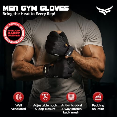 XTRIM Men Gym Gloves, Black - Non Slip Grip Training Gloves with Padded Palm & Wrist Support - Nylon Cotton Blend Hand Gloves for Gym Workout, Weightlifting, Dumbbells & Home Fitness Equipment, Medium - Image 2