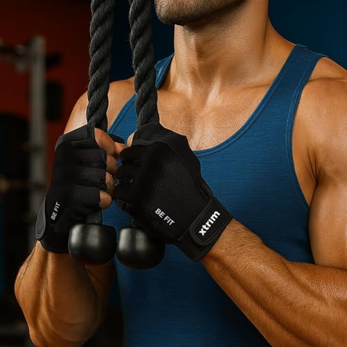 XTRIM Men Gym Gloves, Black - Non Slip Grip Training Gloves with Padded Palm & Wrist Support - Nylon Cotton Blend Hand Gloves for Gym Workout, Weightlifting, Dumbbells & Home Fitness Equipment, Medium - Image 1