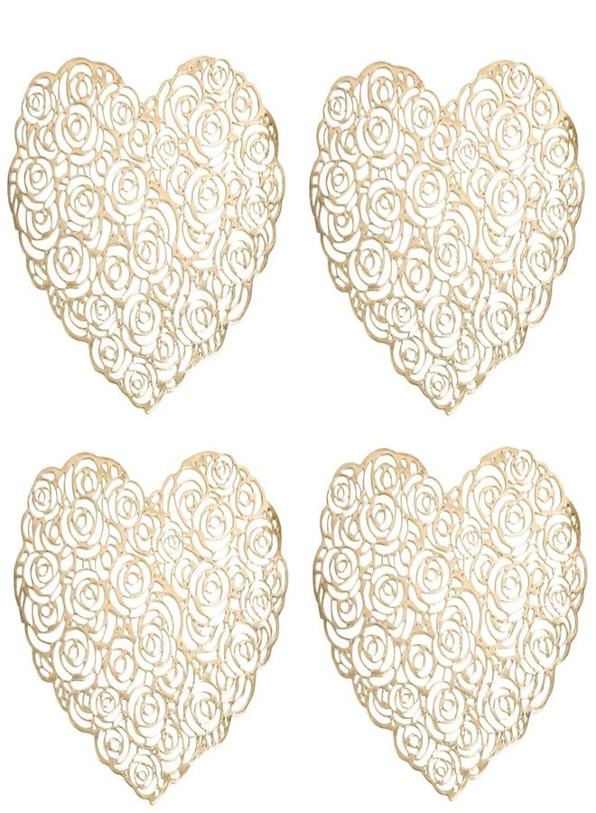 AUOCATTAIL Heart Rose Flower Placemats Set of 4 Rose Flower Pressed Vinyl Valentine Day Place Mats Tablemats Table for Wedding Holiday Dining Table Decorative (Gold) - Image 1