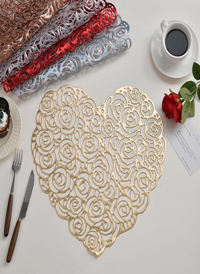 AUOCATTAIL Heart Rose Flower Placemats Set of 4 Rose Flower Pressed Vinyl Valentine Day Place Mats Tablemats Table for Wedding Holiday Dining Table Decorative (Gold) - Image 3