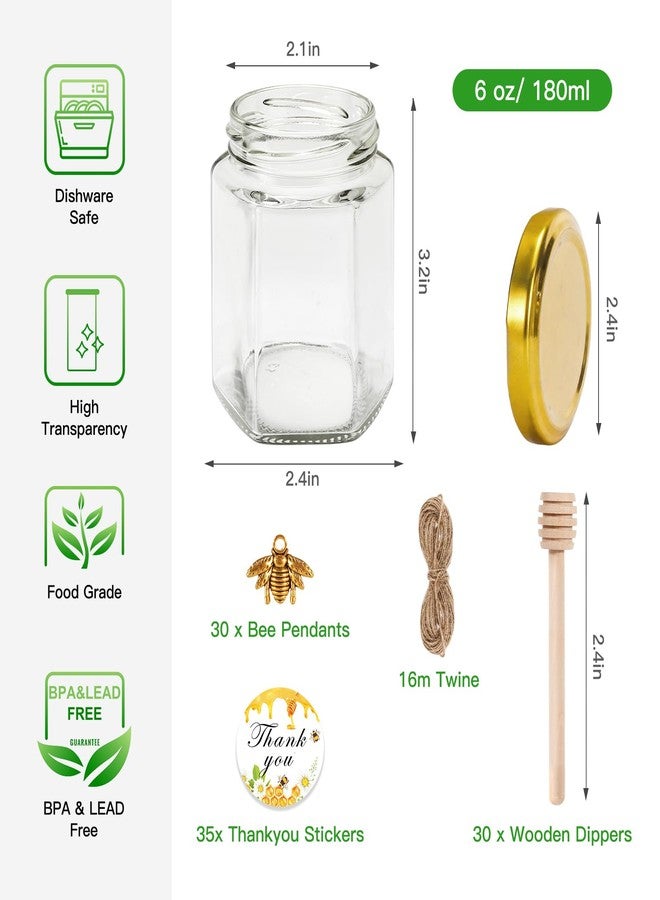 BIGIVACA 6 oz Mini Honey Jars - 30 Pack Hexagon Glass Jars with Wood Dippers, Gold Lids, Bee Pendants, Jutes, Stickers for Wedding Favors, Party Favors, Candle Making - Image 2