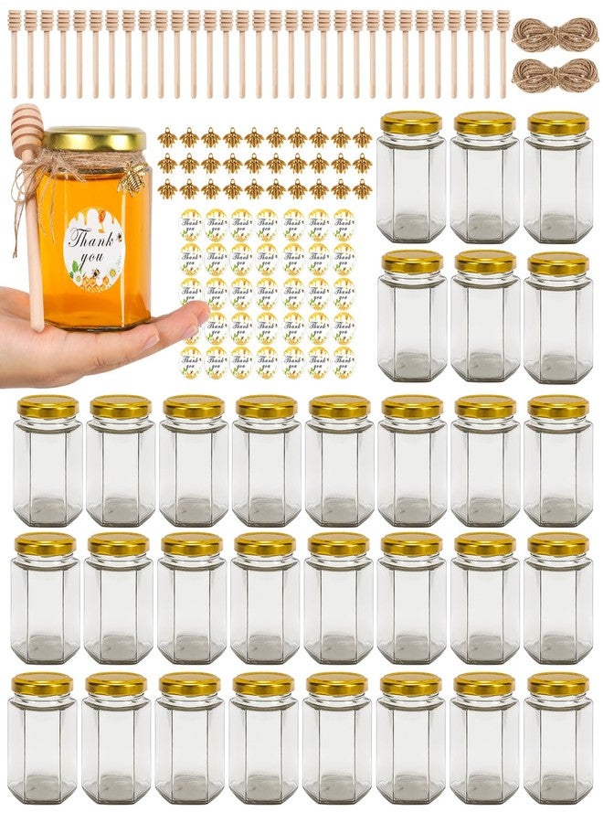 BIGIVACA 6 oz Mini Honey Jars - 30 Pack Hexagon Glass Jars with Wood Dippers, Gold Lids, Bee Pendants, Jutes, Stickers for Wedding Favors, Party Favors, Candle Making - Image 1