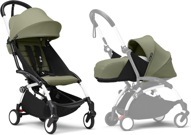 Stokke YOYO3 Complete Yoyo Stroller From Birth - Includes White Frame + YOYO 6+ Color Pack + 0+ Newborn Pack - Olive - Image 1