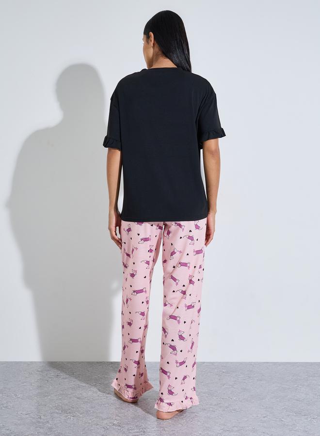 Styli Multi-Color Solid Ruffle Sleeves T-Shirt and All Over Dog Print Pants Pyjama Set - Image 5