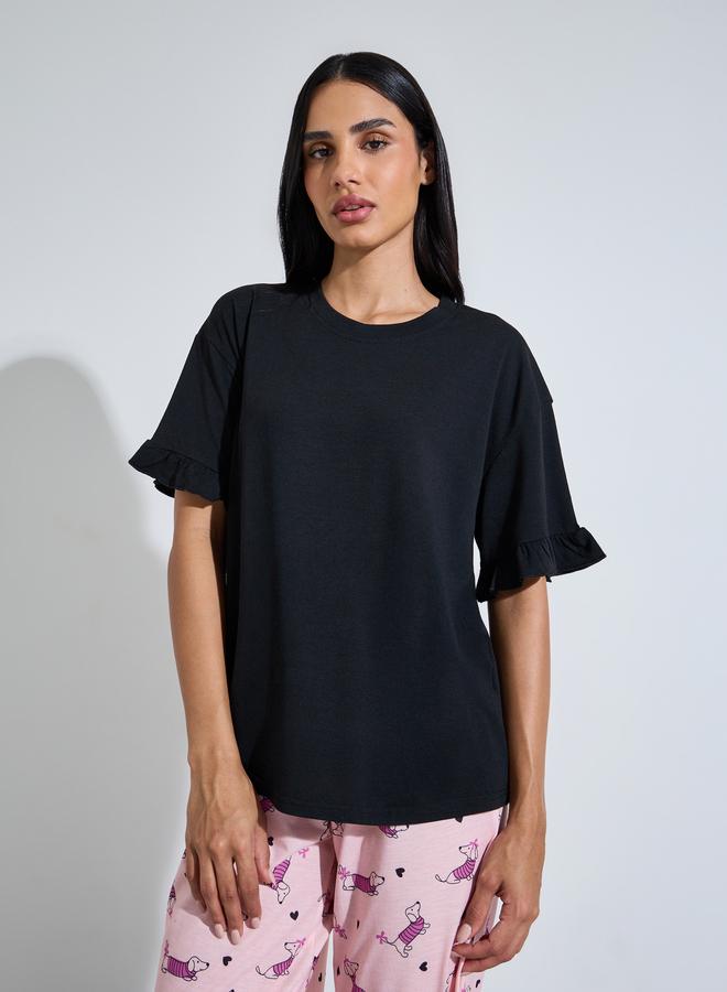 Styli Multi-Color Solid Ruffle Sleeves T-Shirt and All Over Dog Print Pants Pyjama Set - Image 2