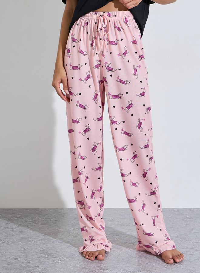Styli Multi-Color Solid Ruffle Sleeves T-Shirt and All Over Dog Print Pants Pyjama Set - Image 4