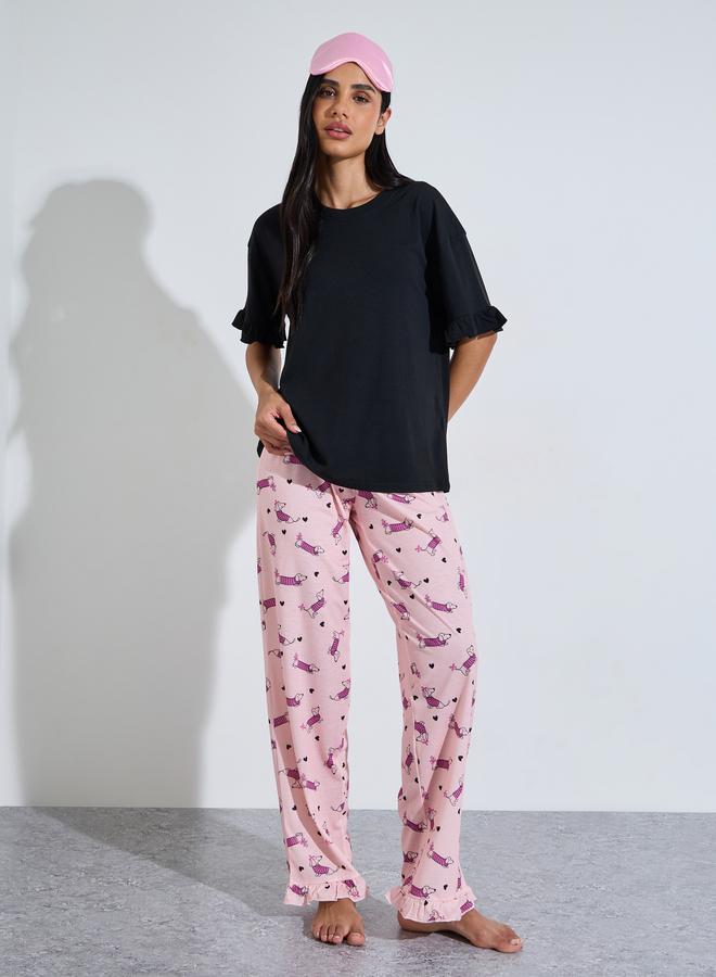 Styli Multi-Color Solid Ruffle Sleeves T-Shirt and All Over Dog Print Pants Pyjama Set - Image 1
