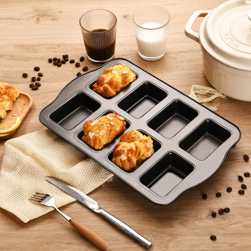 Hongbake 2 حزمة من مقالي الخبز الصغيرة رغيف 8 تجاويف غير لاصقة، صينية خبز الذرة الصغيرة، مجموعة صينية خبز الموز الصغيرة، مقلاة براوني شديدة التحمل، رمادي داكن - Image 4