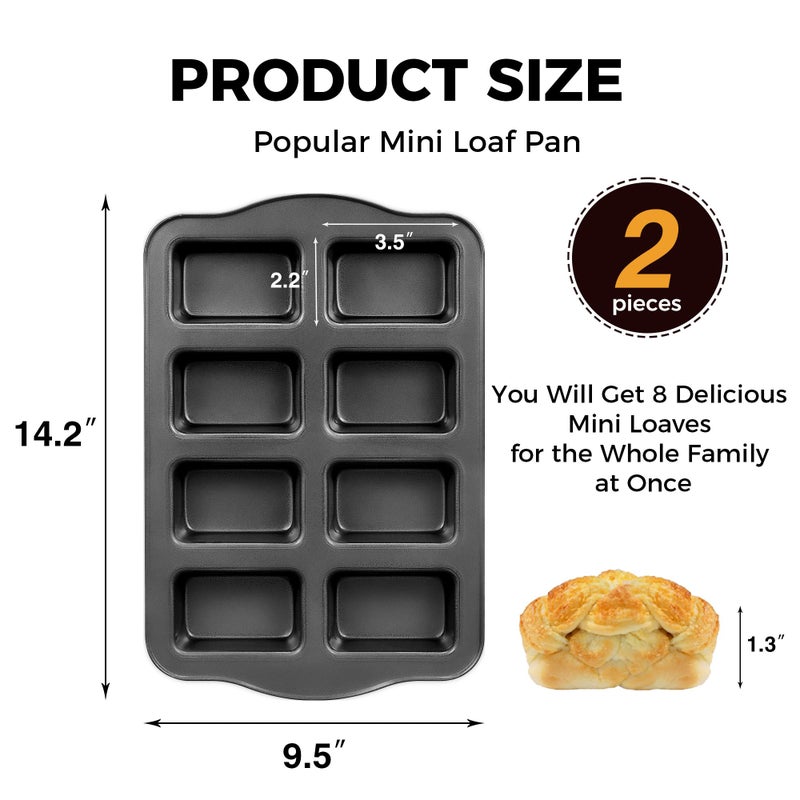 Hongbake 2 حزمة من مقالي الخبز الصغيرة رغيف 8 تجاويف غير لاصقة، صينية خبز الذرة الصغيرة، مجموعة صينية خبز الموز الصغيرة، مقلاة براوني شديدة التحمل، رمادي داكن - Image 2