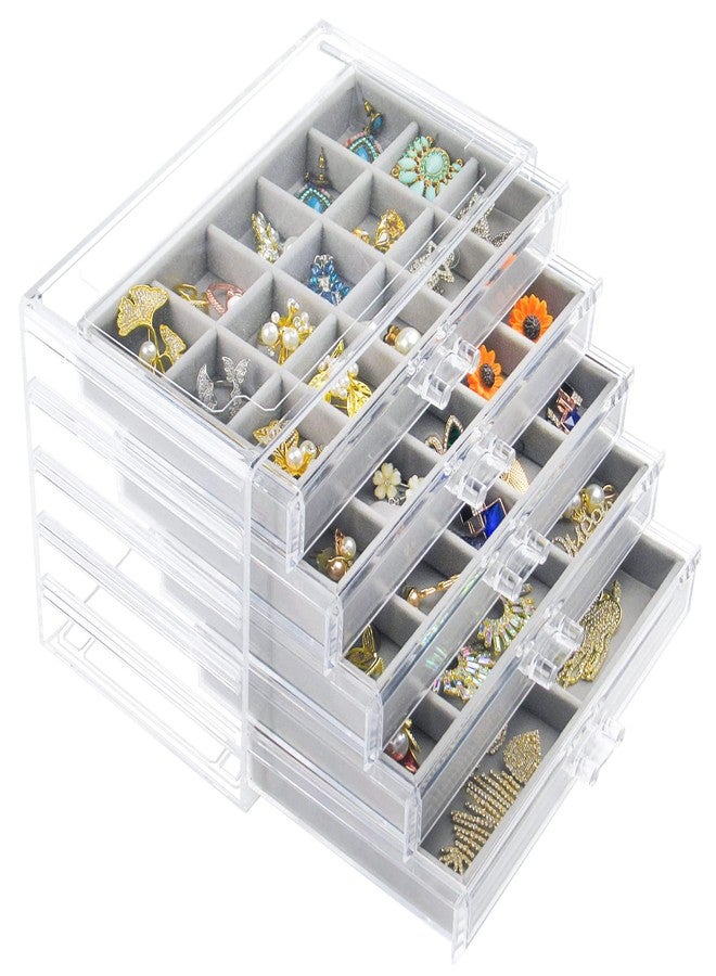 Watpot Acrylic Jewelry Box with 5 Drawers, Clear Earring Storage Organizer Display Case for Women Girls, Gray - Image 1