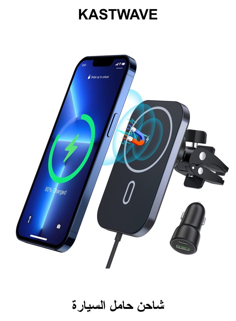 KASTWAVE MagSafe Car Mount Charger, 360 Adjustable Magnetic Wireless Car Charger, Air Vent Magnetic Car Mount Phone Holder Charger Compatible with MagSafe iPhone 14 13 12 Series (with Car Adapter) - Image 1