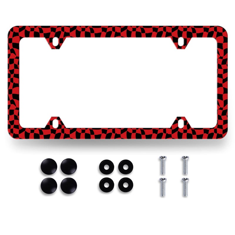 MUAWUOIK Red and Black Checkerboard License Plate Frame Colorful Checkered Mosaic Elements License Plate Personalise Stainless Steel Auto Parts Funny License Plate Decoration Screws 123x63 - Image 3