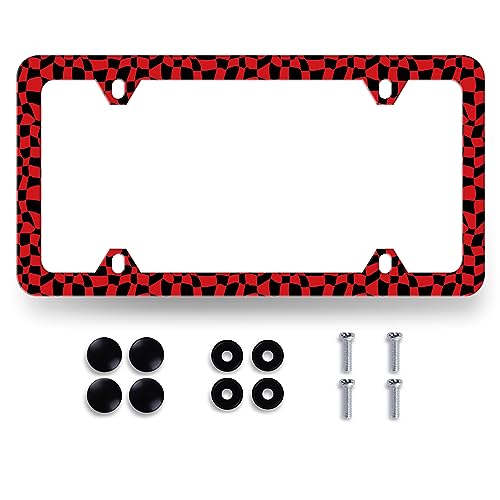 MUAWUOIK Red and Black Checkerboard License Plate Frame Colorful Checkered Mosaic Elements License Plate Personalise Stainless Steel Auto Parts Funny License Plate Decoration Screws 123x63 - Image 1