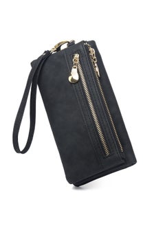 Soft Leather Women's Wallet, Large Capacity Ladies Purse with Multiple Card Slots, Zipper Clutch Bag with Wristlet, Black