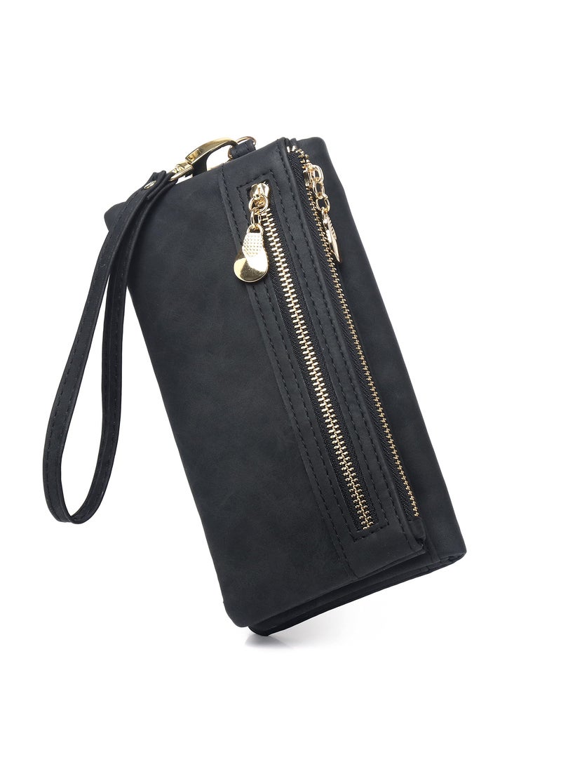 SYOSI - Soft Leather Women's Wallet, Large Capacity Ladies Purse with Multiple Card Slots, Zipper Clutch Bag with Wristlet, Black - Image 1