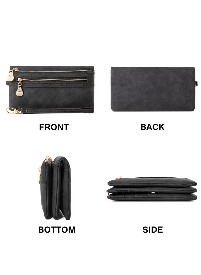 SYOSI - Soft Leather Women's Wallet, Large Capacity Ladies Purse with Multiple Card Slots, Zipper Clutch Bag with Wristlet, Black - Image 1