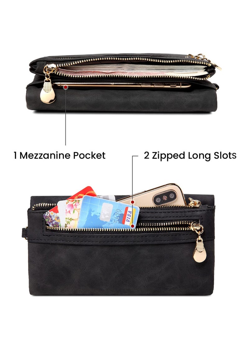 SYOSI - Soft Leather Women's Wallet, Large Capacity Ladies Purse with Multiple Card Slots, Zipper Clutch Bag with Wristlet, Black - Image 1