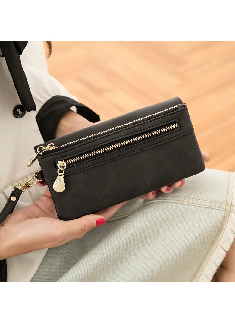 SYOSI - Soft Leather Women's Wallet, Large Capacity Ladies Purse with Multiple Card Slots, Zipper Clutch Bag with Wristlet, Black - Image 1