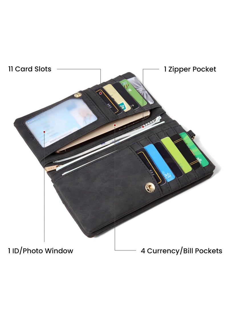 SYOSI - Soft Leather Women's Wallet, Large Capacity Ladies Purse with Multiple Card Slots, Zipper Clutch Bag with Wristlet, Black - Image 1