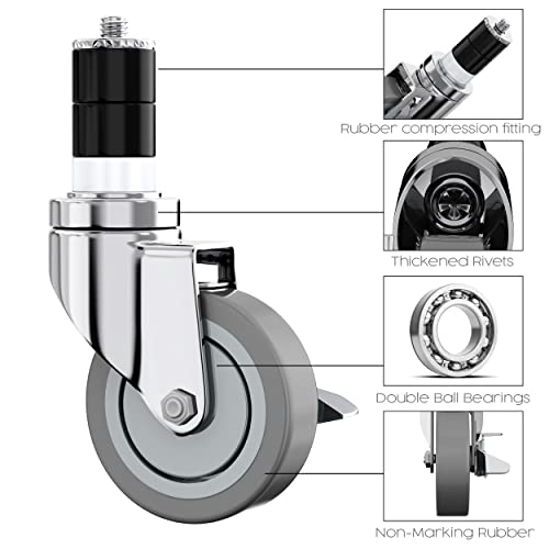 Houseables Table Casters, Table Wheels, Set of 4, Expanding Stem Caster Wheels, 4 Inch, Stainless Steel, for Kitchen Prep Worktable, Folding Desk, Commercial, Legs, Cart, Locking, 1-1/2" & 1-5/8" ID - Image 3