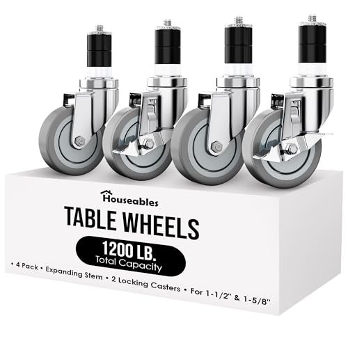 Houseables Table Casters, Table Wheels, Set of 4, Expanding Stem Caster Wheels, 4 Inch, Stainless Steel, for Kitchen Prep Worktable, Folding Desk, Commercial, Legs, Cart, Locking, 1-1/2" & 1-5/8" ID - Image 1