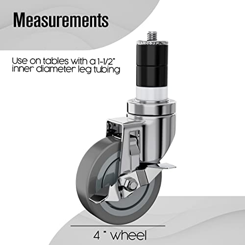 Houseables Table Casters, Table Wheels, Set of 4, Expanding Stem Caster Wheels, 4 Inch, Stainless Steel, for Kitchen Prep Worktable, Folding Desk, Commercial, Legs, Cart, Locking, 1-1/2" & 1-5/8" ID - Image 2