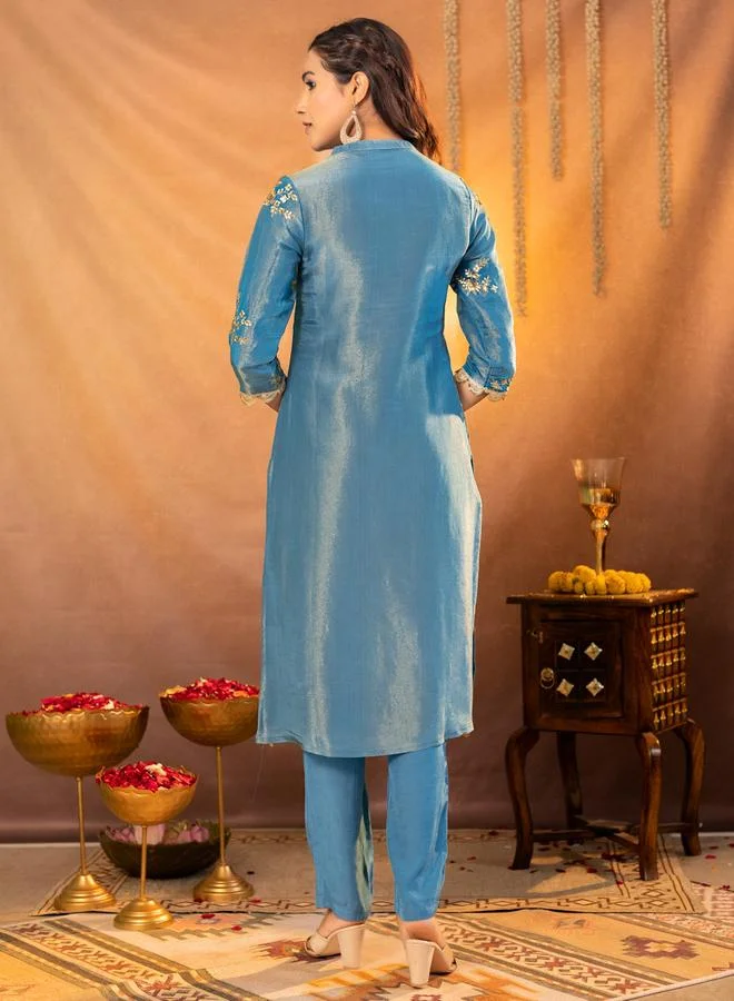 KASYA Blue Embroidered Tunic and Trousers Co-Ords