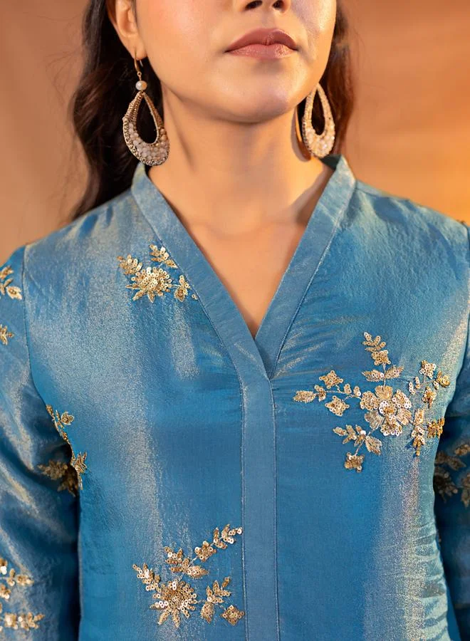 KASYA Blue Embroidered Tunic and Trousers Co-Ords