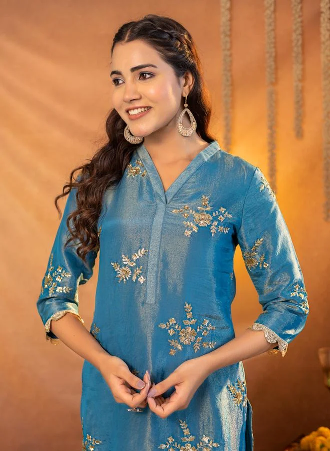 KASYA Blue Embroidered Tunic and Trousers Co-Ords