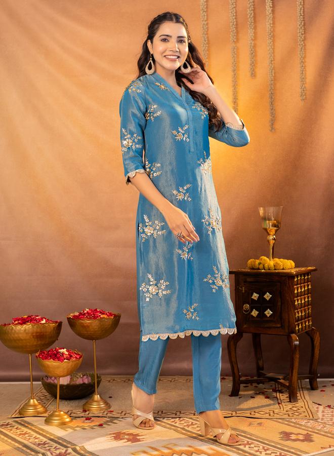 KASYA Blue Embroidered Tunic and Trousers Co-Ords - Image 2