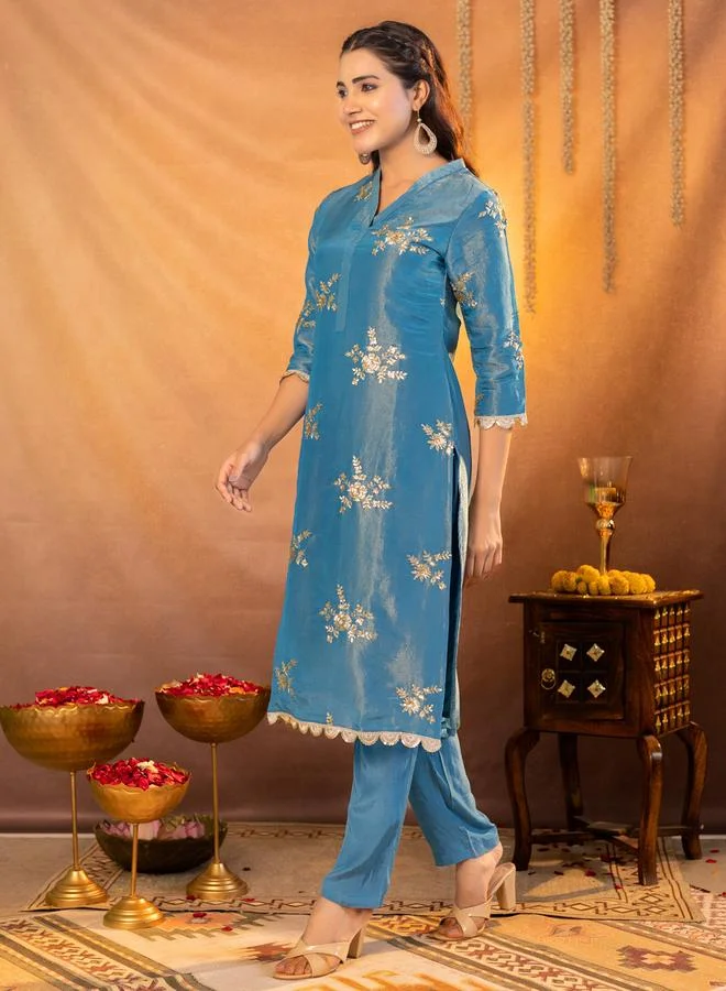 KASYA Blue Embroidered Tunic and Trousers Co-Ords