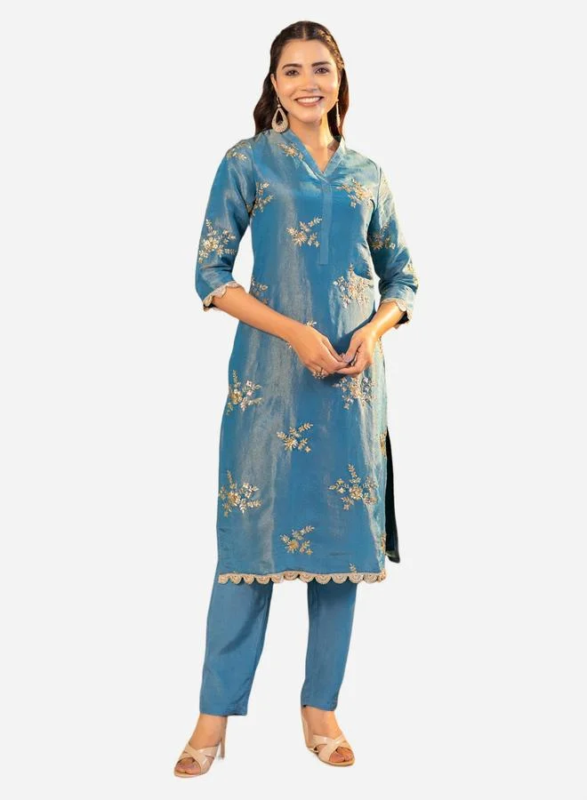 KASYA Blue Embroidered Tunic and Trousers Co-Ords