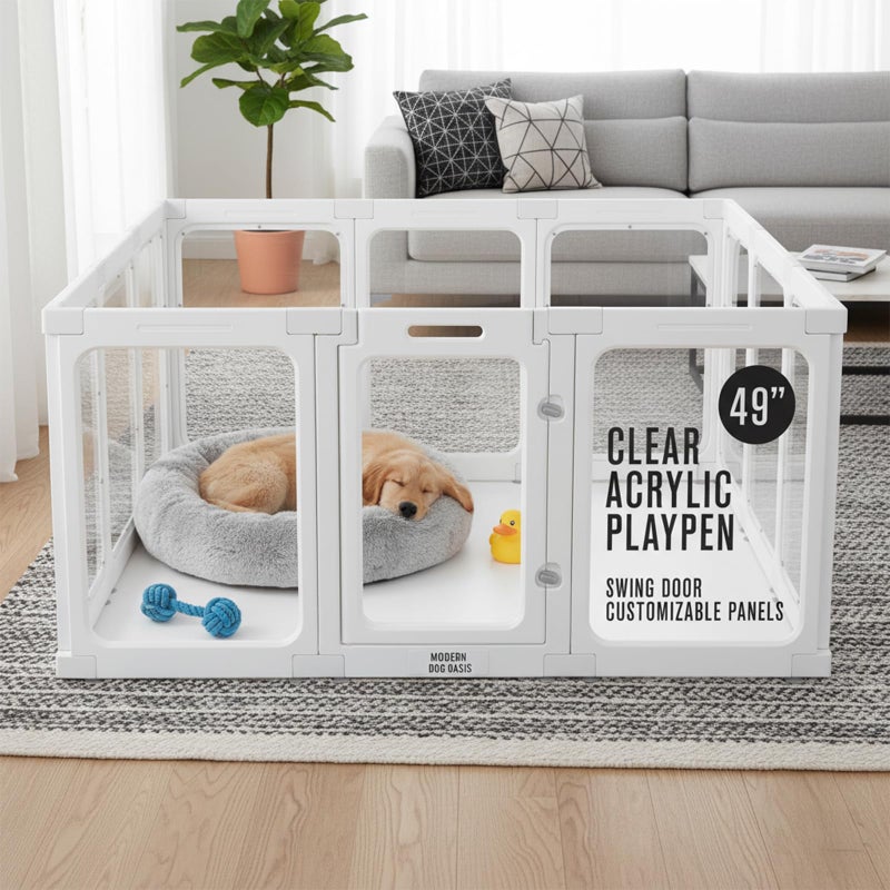 Houseables Plastic Dog Playpen, Acrylic Dog Playpen, Puppy Pen Indoor, Clear Pet Pen, Pet Fence, Puppy Enclosure, Indoor Enclosure, Apartment Setup, Clear Panels, Gate, Rabbit Cage, Play Kennel, 49â€ - Image 1