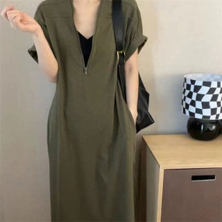 Zipper Cotton dress Summer New Retro Solid Color Simple Literary Style Hepburn Style Loose Fat MMA Dress Army Green - pzsku/ZBE5485AF4E80D5FF2E1FZ/45/1746230734/61dea1e1-994e-4bc8-b819-d04f5afe78aa