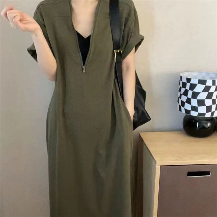 Zipper Cotton dress Summer New Retro Solid Color Simple Literary Style Hepburn Style Loose Fat MMA Dress Army Green