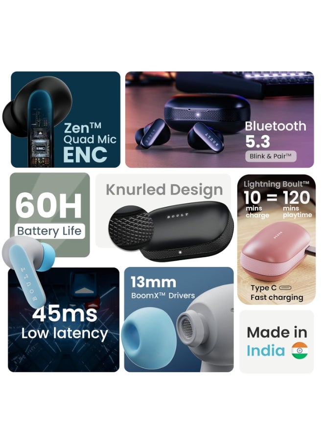 Boult Audio - Boult Audio Z20 Pro Truly Wireless Bluetooth Ear Buds with 60H Playtime, 4 Mics Clear Calling, 45ms Low Latency, Rich Bass Drivers, Touch Controls, IPX5 TWS Earbuds Bluetooth Wireless (Powder Blue) - Image 1