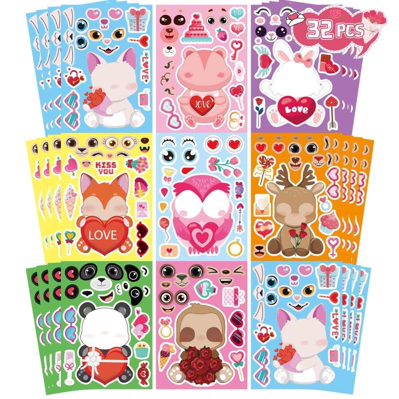 32 Sheets Valentine Stickers for Kids Valentines Day Make a Face Stickers Make Your Own Stickers 8 Designs of Animal Owl Rabbit Bear Stickers for Boys Girls