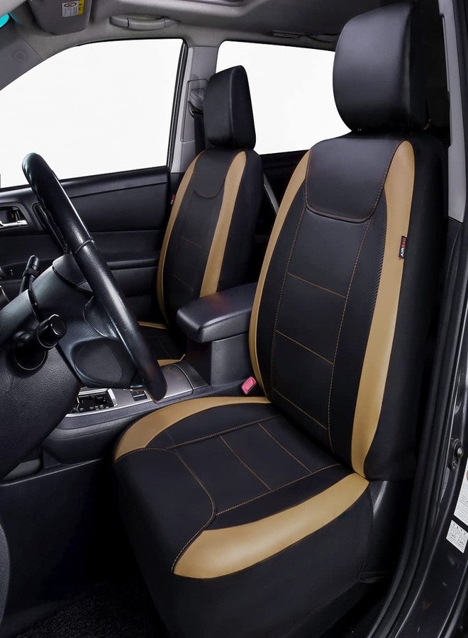Flying Banner car seat Covers Protects Water Proof Faux Leather Carbon Fiber Front and Rear Bench (Black Beige, Full Set - 8PCS) - Image 2