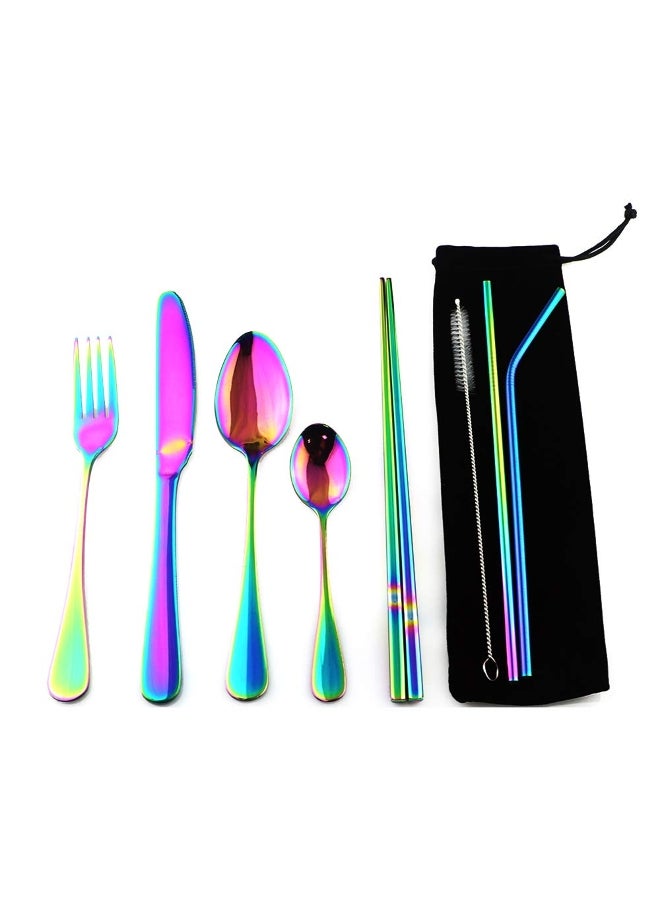 Portable Stainless Steel 8pcs/set Rainbow Dinnerware Set 18/10 Spoon Fork Chopsticks Straw Travel Camping Cutlery With Pouch