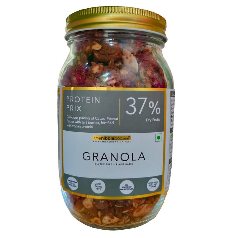 thenibblebox Protein Prix Granola, 500g Jar [37% dry fruits, gluten free, vegan friendly, no refined sugar] 6.6g protein per serving - Image 1