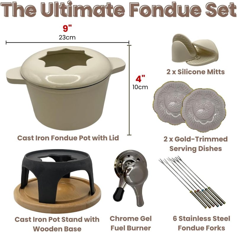 BASMOGHON Cast Iron Fondue Set 15-Pcs With Accessories Fondue Kit For Swiss Fondue Cheese Meat Oil Fondue Pot Fondue Pot set, Cheese Fondue Set, Chocolate Fondue Pot, Cheese Melting Pot, Fondue Pot Non Electric - Image 2