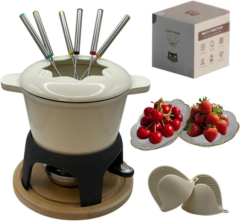 BASMOGHON Cast Iron Fondue Set 15-Pcs With Accessories Fondue Kit For Swiss Fondue Cheese Meat Oil Fondue Pot Fondue Pot set, Cheese Fondue Set, Chocolate Fondue Pot, Cheese Melting Pot, Fondue Pot Non Electric - Image 1