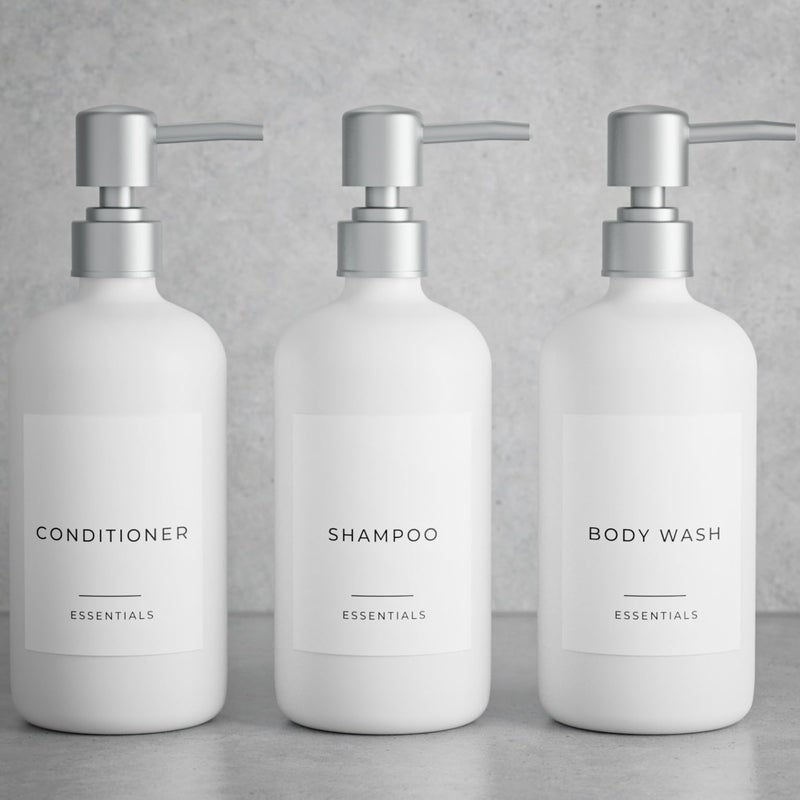 KIBAGA Stylish Shampoo and Conditioner Dispenser Set of 3 - Modern 21oz Shower Soap Bottles with Pump and Labels - Easy to Refill Body Wash Dispensers for an Instant Bathroom Decor Upgrade - White - Image 1
